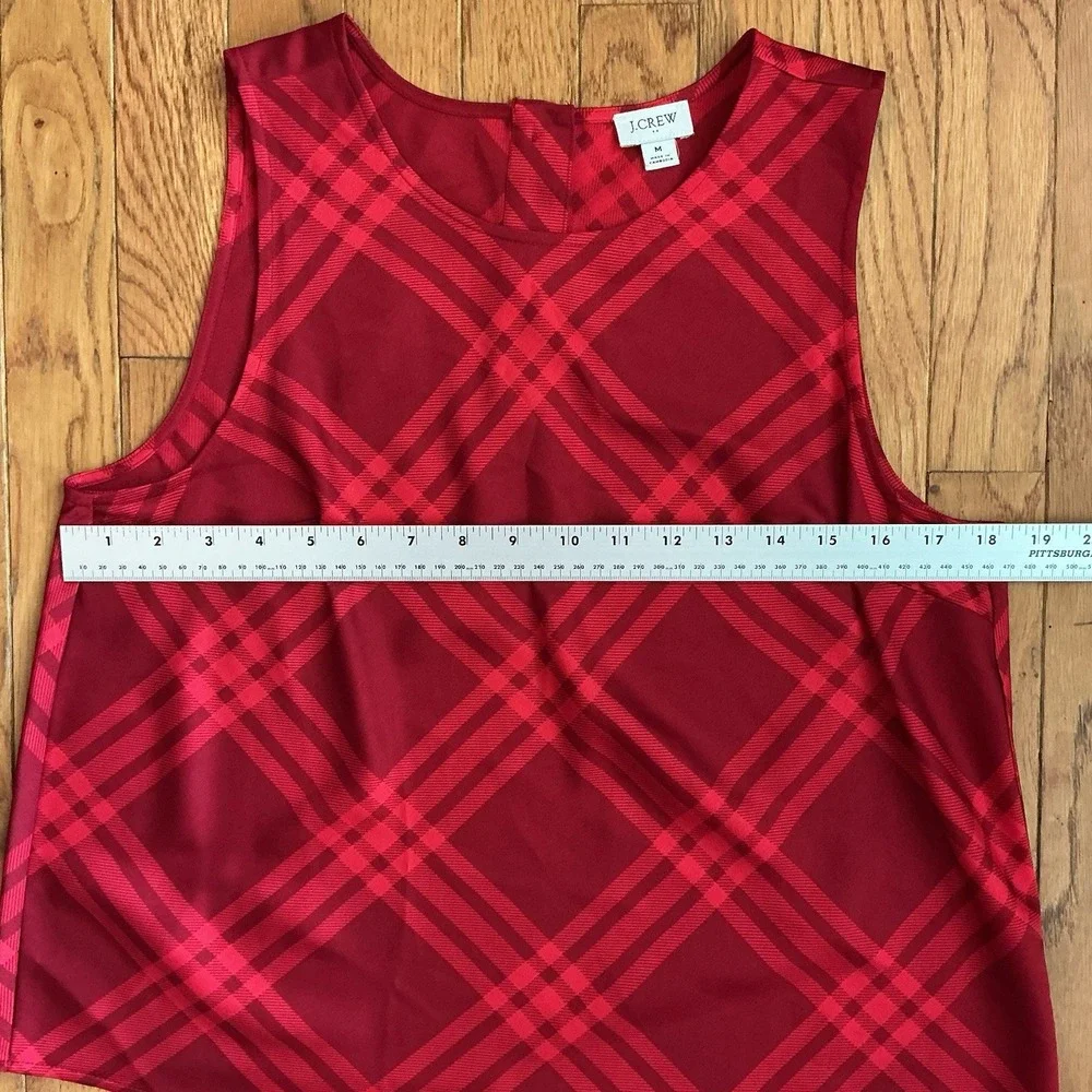 J. Crew Red Plaid Sleeveless Shell Blouse Button Back Top Size M Satin Office